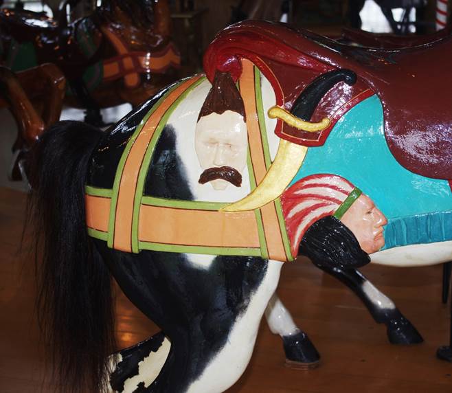 A horse with a painted face

Description automatically generated