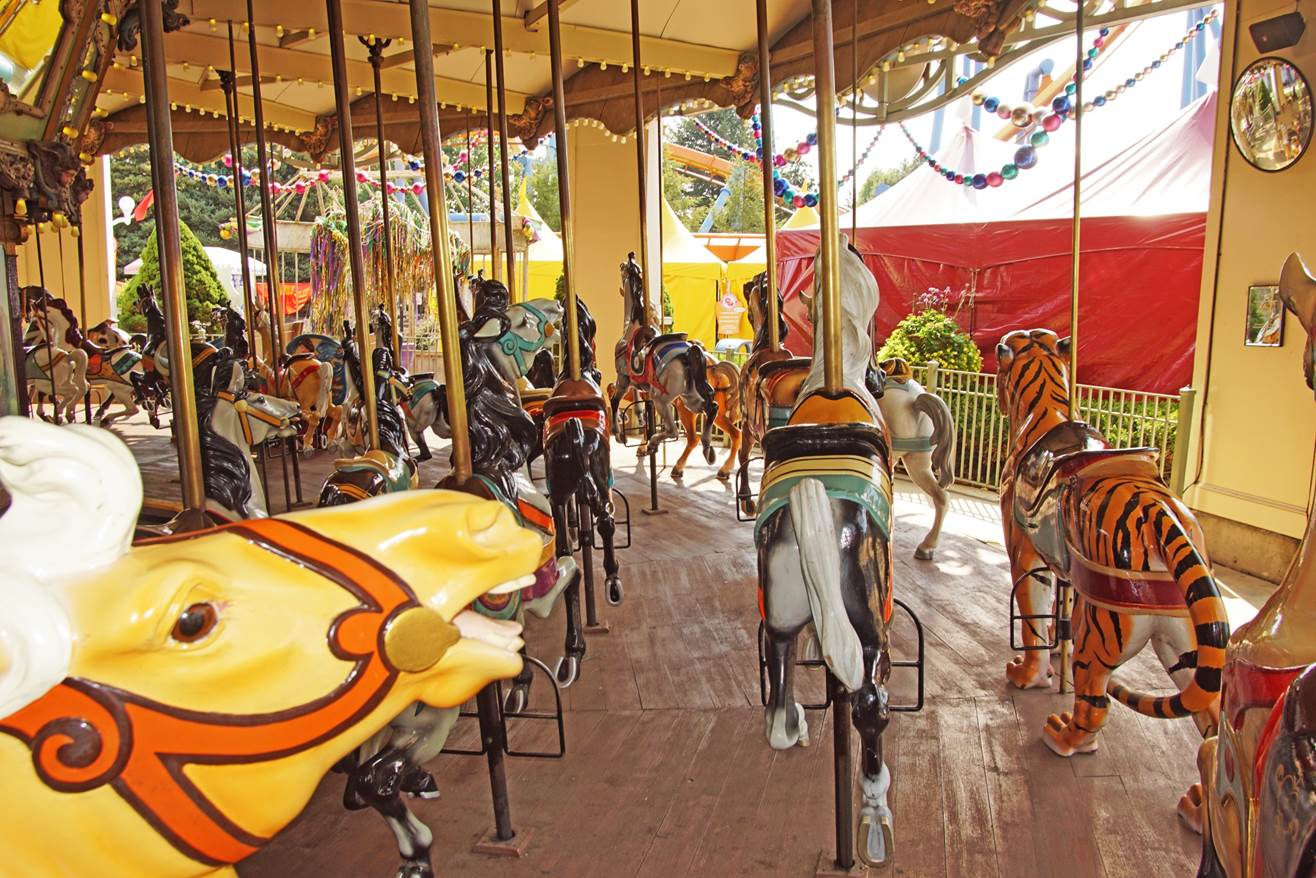 A carousel with horses and horses
Description automatically generated