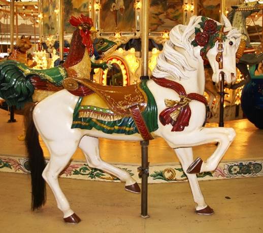 A white horse with a rooster on it

Description automatically generated